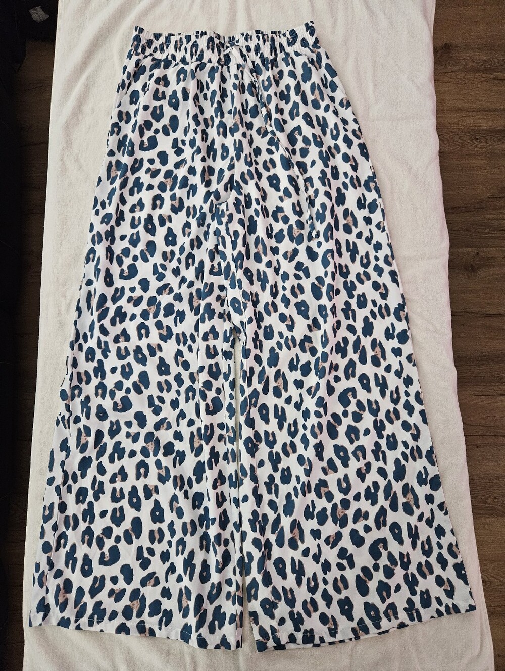 Teal Blue & Tan Leopard Print Palazzo Pants Flowy Wide Leg Trousers Medium M